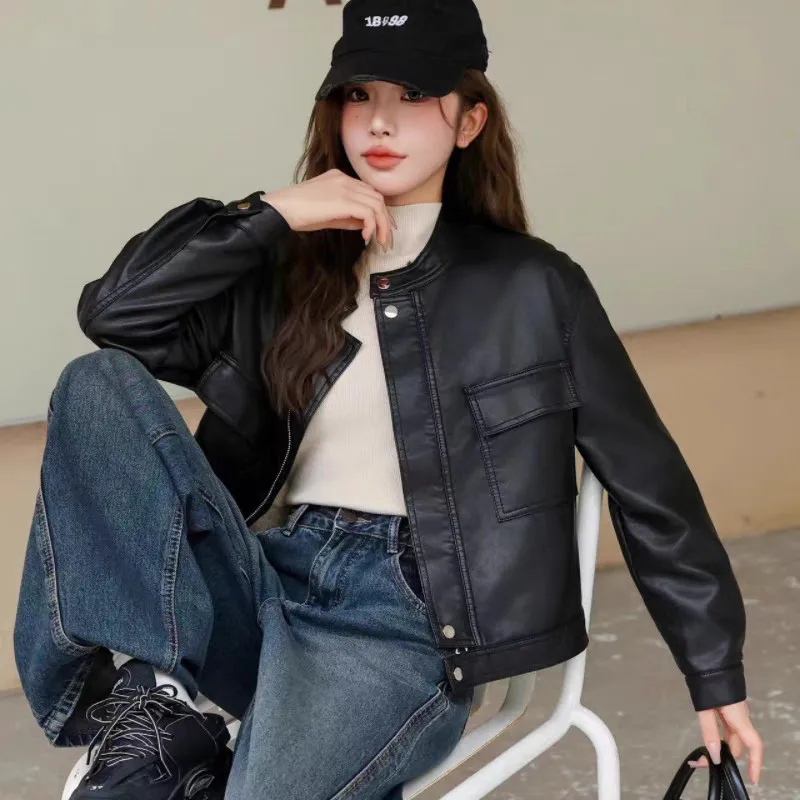 

Woman Korean Minimalist Commuting Fashion Leather Jacket With Slim Washed PU Short Design, Small Stature, Versatile Fashionable