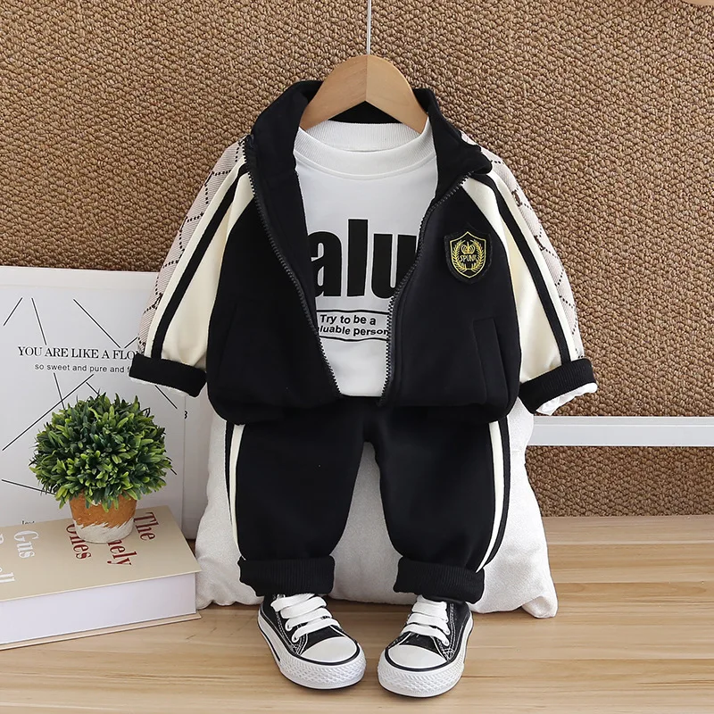 Autumn 1-5 Years Kids Boys 3PCS Clothes Set Letter Cotton Tops Badge Patchwork Sleeve Coat Loose Pants Suit Toddler Boys Outfits