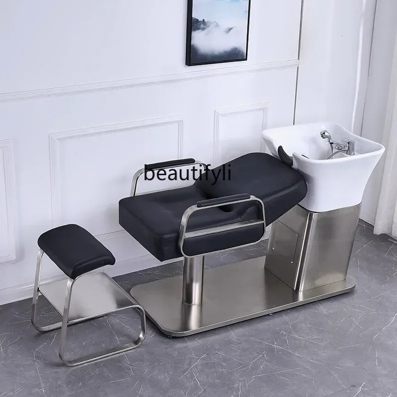 

zxqShampoo bed Barber shop special semi-reclining head treatment bed Stainless steel simple ceramic basin Shampoo massage bed
