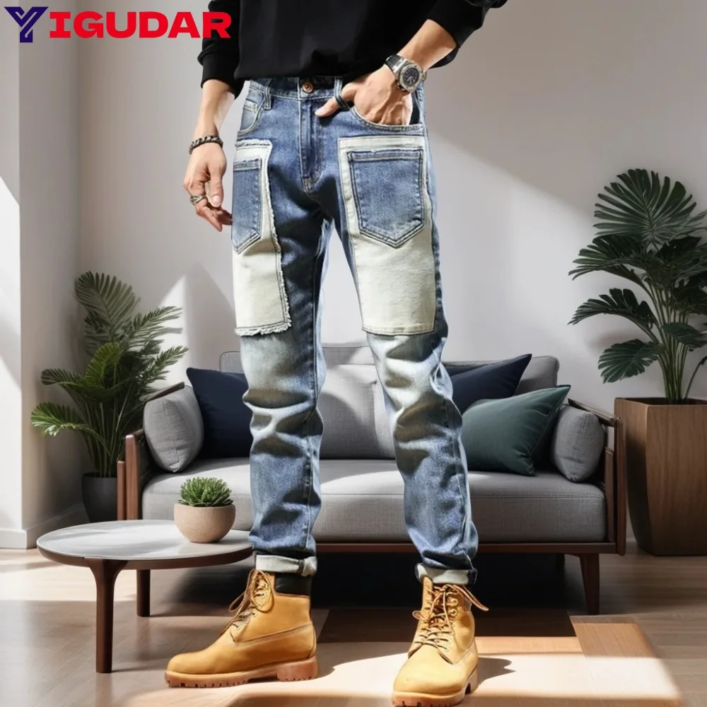 

Fashion Stitching Jeans Men High Street Elastic Slim Men's Small Foot Pants Hip Hop Mid-Waist Trousers Men Clothing Streetwear