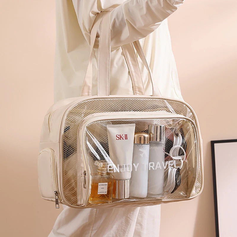 حقيبة أدوات الزينة الشفافة للشاطئ للنساء مقاومة للماء بسعة كبيرة 14 بوصة من مادة PVC للسفر منظم مستحضرات التجميل مع سحاب معدني