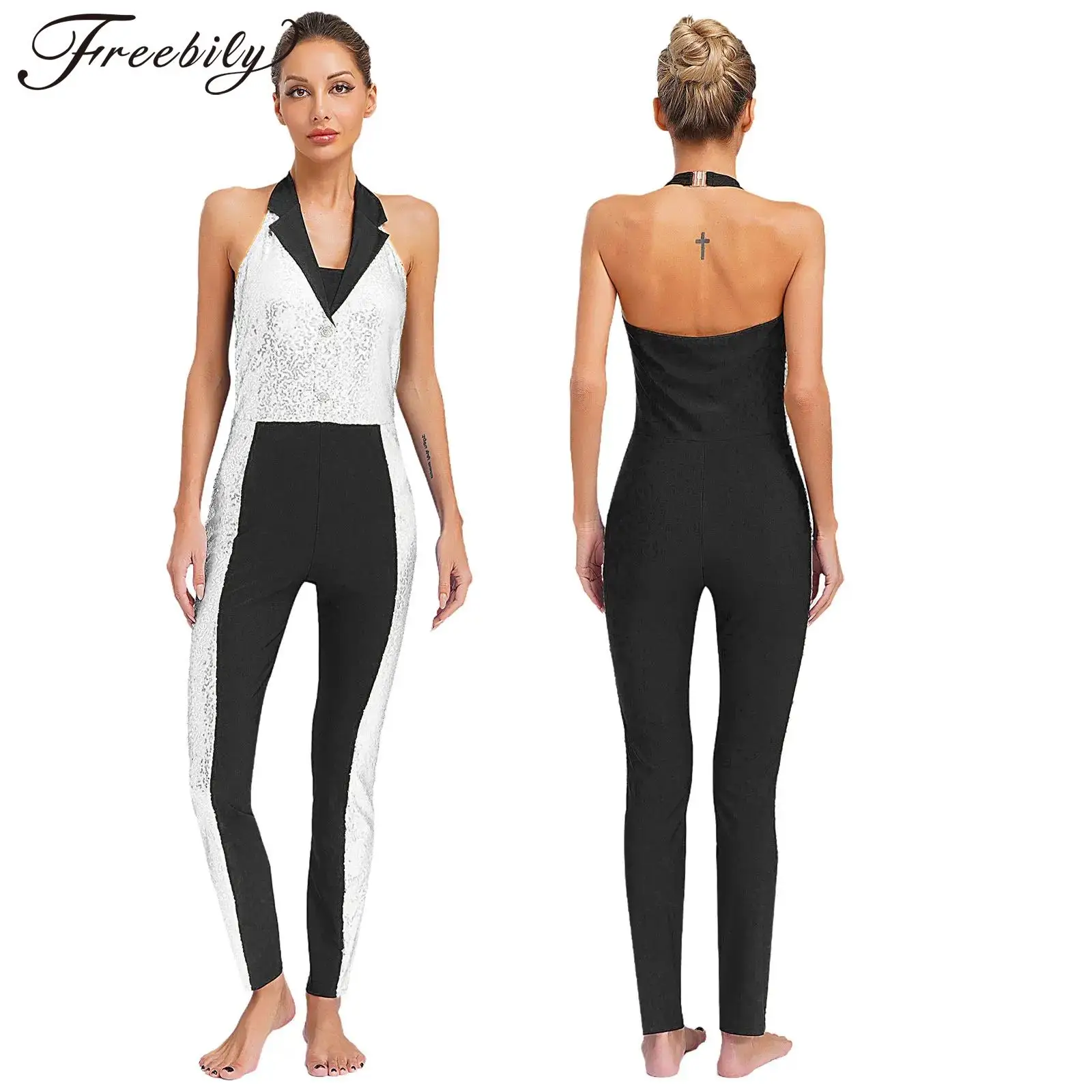 Women Latin Jazz Dance Jumpsuit Halter Sleeveless Backless Shiny Sequin Leotard Figure Skating Gymnastics Acrobatics Bodysuit