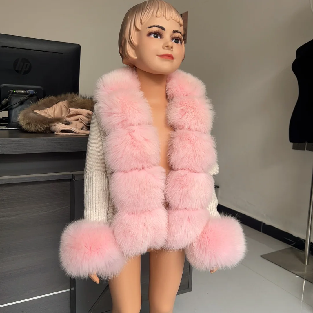 HUA QIU MEI SI Children\'s natural fox fur cardigan and raccoon fur cardigan autumn and winter children\'s fur jacket