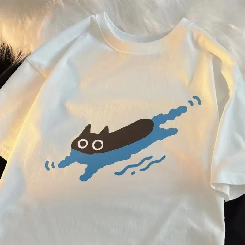 تي شيرت WomanTees للسباحة على شكل قطة سوداء للغوص بأكمام قصيرة للنساء ملابس صيفية إبداعية غير رسمية قابلة للتنفس #1