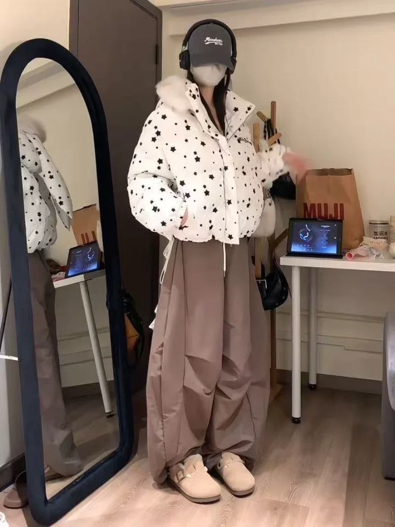 Amerykańska kurtka bawełniana w stylu retro z króliczymi uszami i futrzanym kołnierzem, damska, zimowa, ciepła, designerska, kurtka w stylu koreańskim, urocza kurtka bawełniana na ulicę.