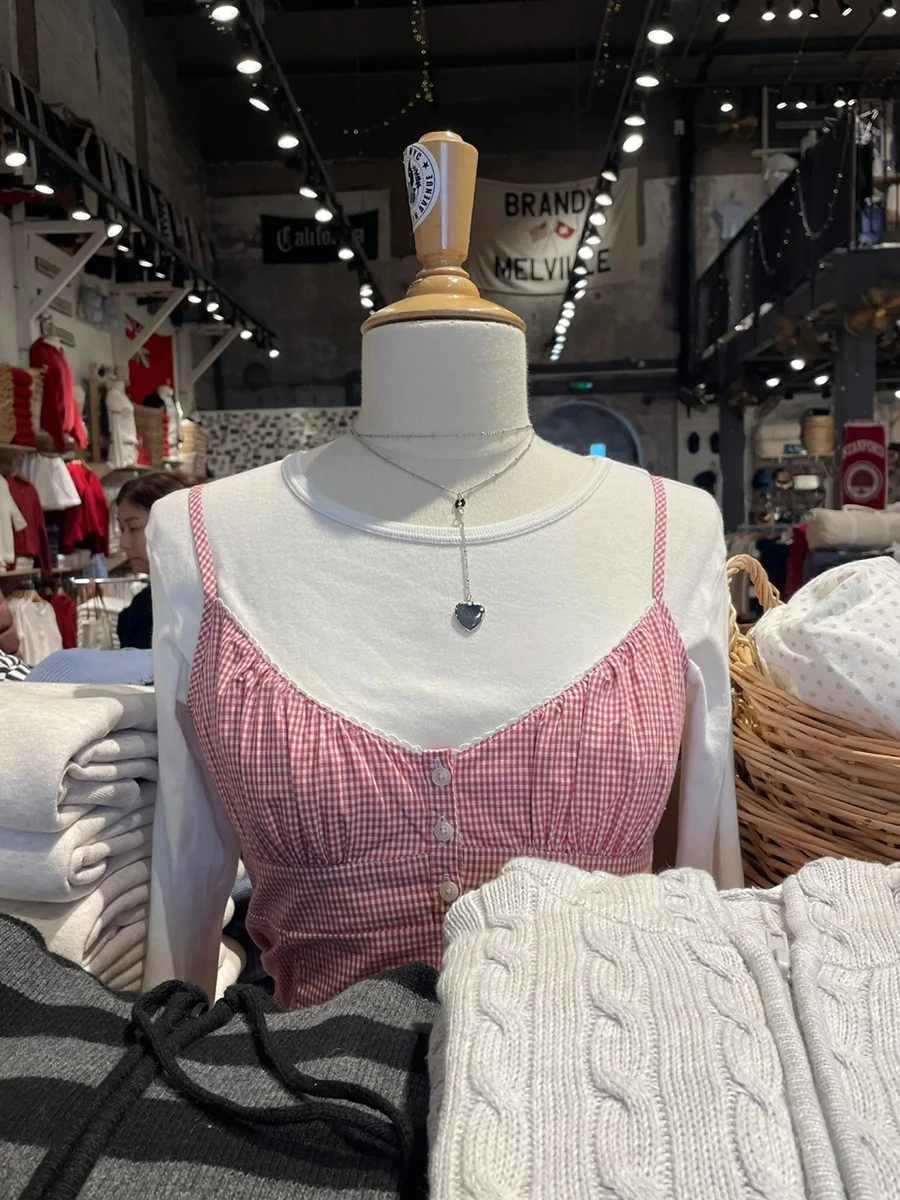 

Pink Plaid Three Buttons Tank Top Women Lace Trim V-neck Back Lace-up Camisole Preppy Style Sweet Sleeveless Crop Tops Y2k New
