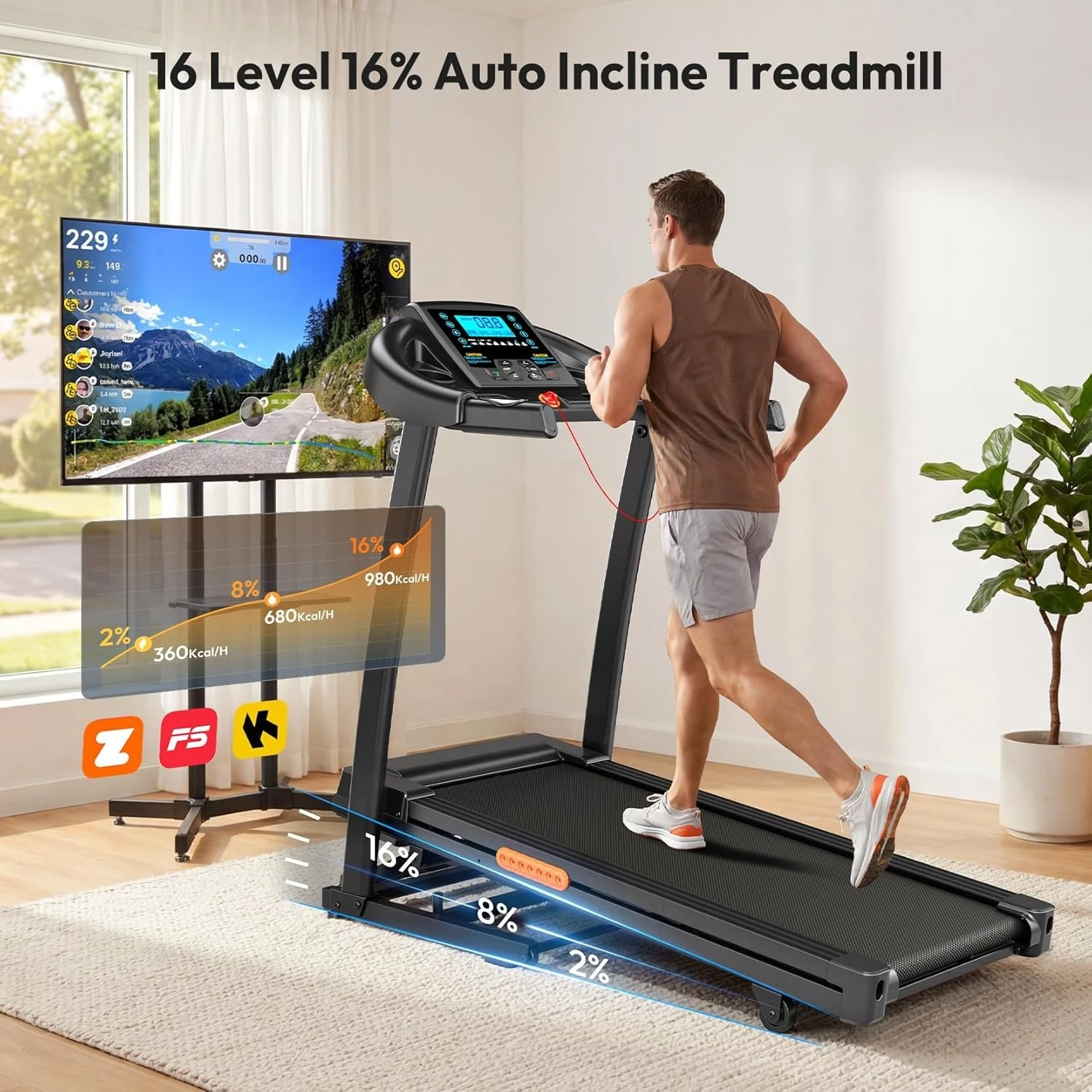 

0-15% Auto Incline Folding Treadmill, 300lbs Capacity, Running & Walking for Home, Custom