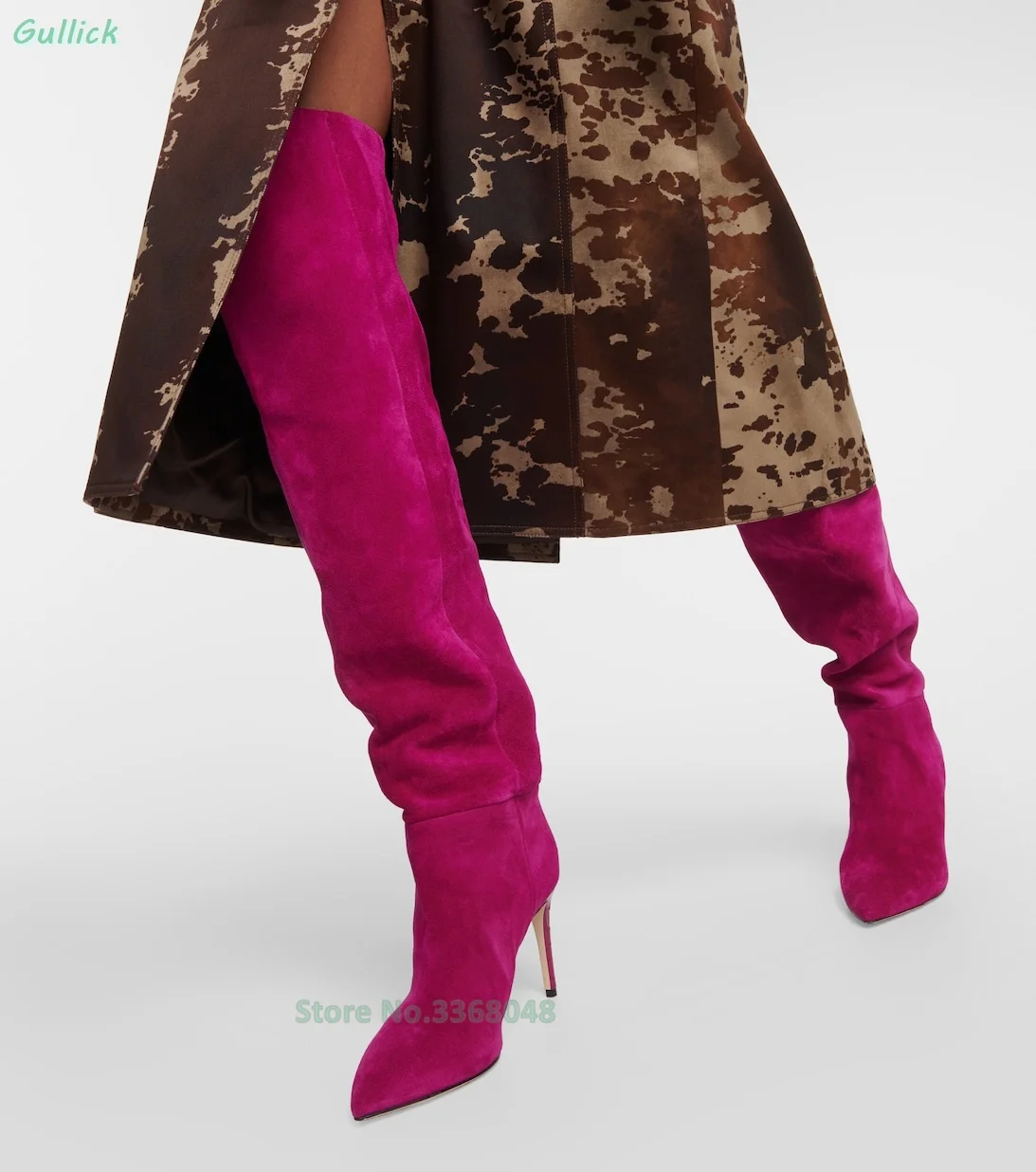 أحذية من جلد الغزال فوق الركبة باللون الأسود الوردي والفخذ العليا للشتاء أحذية نسائية عصرية بكعب عالي رفيع مثير بمقدمة مدببة موضة 2024