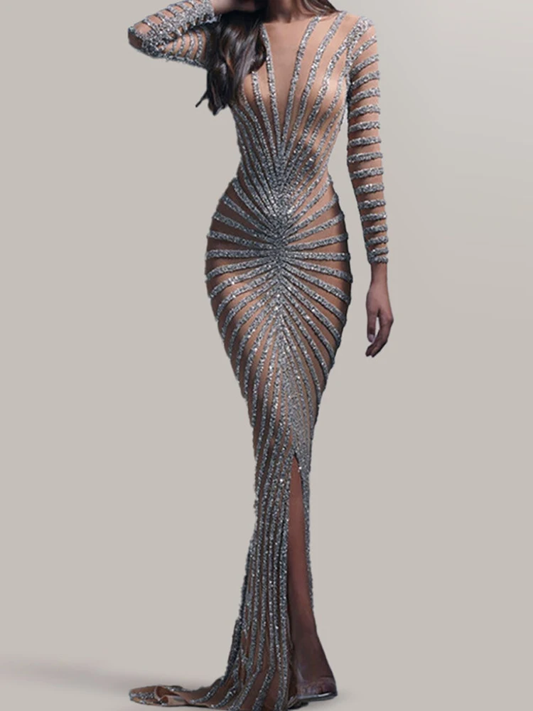 Kausal Langarm Solide Cocktail Party Kleid Dame Mode Gestreiften Pailletten Dünnes Kleid Elegante Oansatz Split Fischschwanz Abendkleid