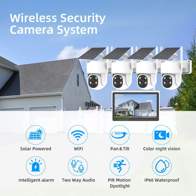 4MP 4CH 10.1 inch LCD Screen 4MP 4CH Battery Outdoor Wireless 8 Channels NVR Kit Solar Camera Wifi CCTV Systems