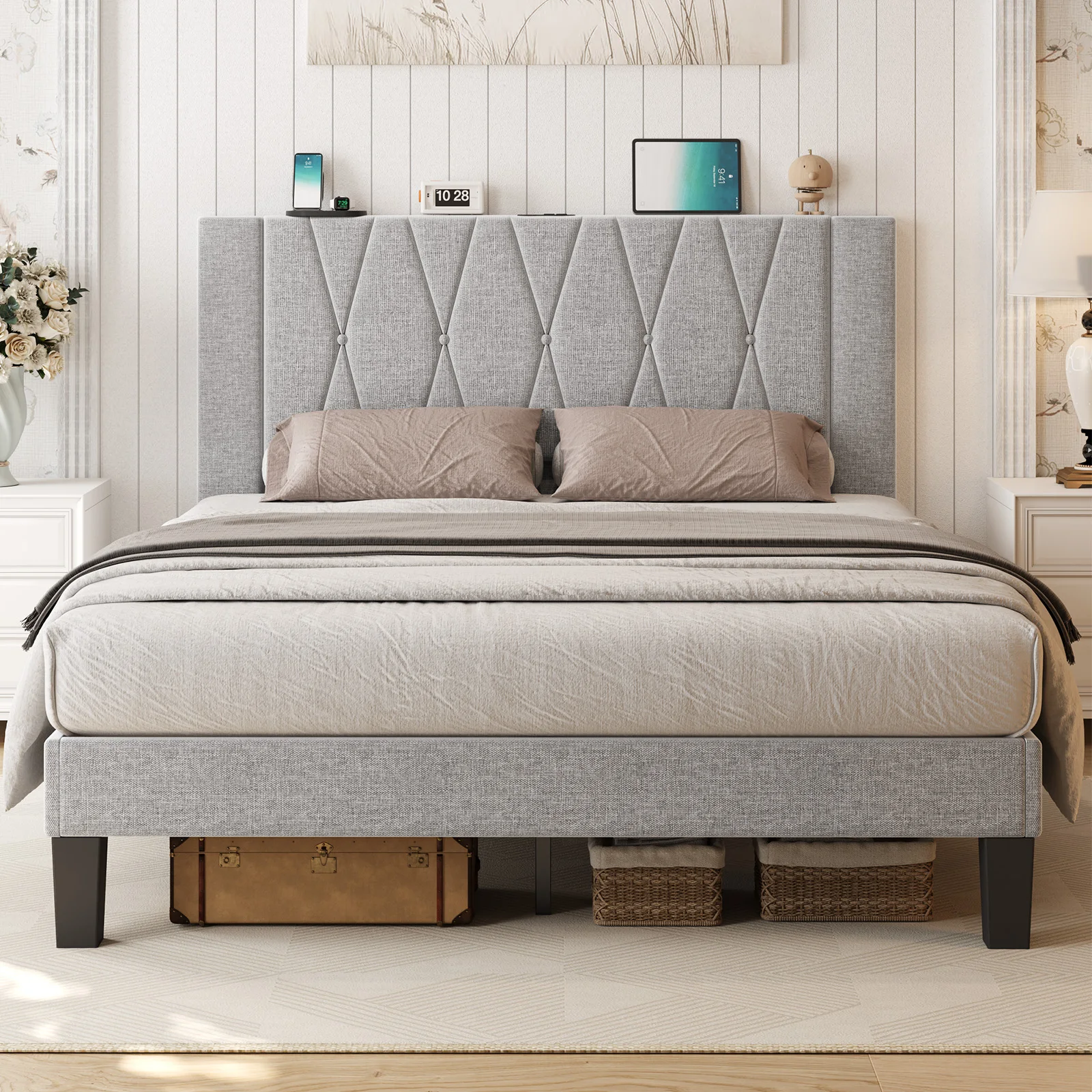 Queen Bed Frame with Headboard,Linen Upholstered Platform Bed Frame with Charging & Storage,No Box Spring Needed,Light Grey