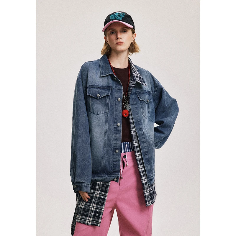 

Plaid Splice Denim Men's Streetwear Hip Hop Loose Casual Denim Jacket Women Jeans Coat Unisex Couple Cowboy Outerwear