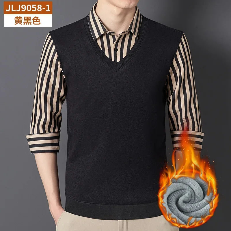 

Autumn And Winter Plus Fleece Thickened Warm Business Casual Men's Fake Two Long Sleeve Shirt Without Ironing Stripe Solid Color