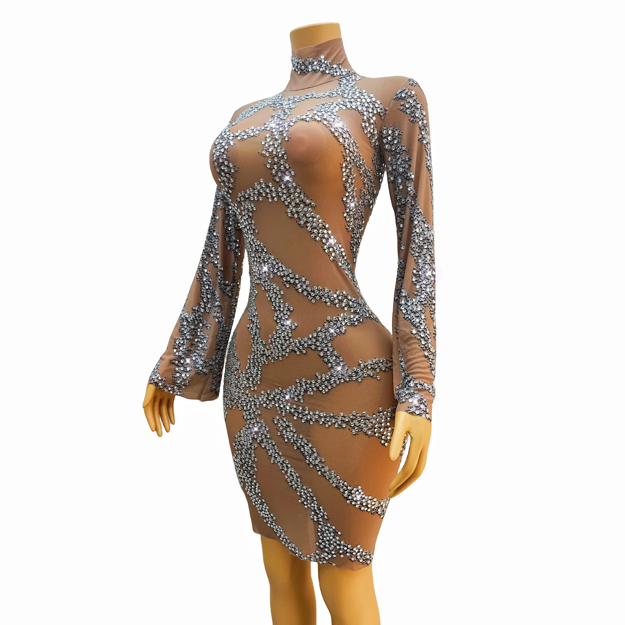 Sparkly Silver Rhinestones Nude Mesh Dress Evening Birthday Celebrate Sexy Big Sleeves Costume Prom Outfit huacai