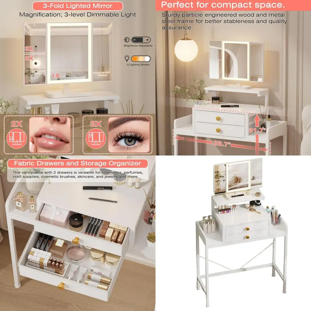 

Компактный белый туалетный столик для макияжа с зеркалом и подсветкой, ширина 28,4, регулируемая по высоте, 2 ящика, идеально подходит для небольших помещений.