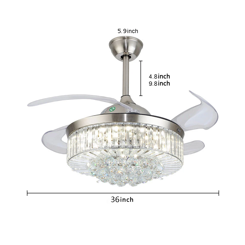36" Retractable LED Ceiling Crystal Fan Dimmable Ceiling Fan Light Pendant Light Chandelier Lamp With Remote Control