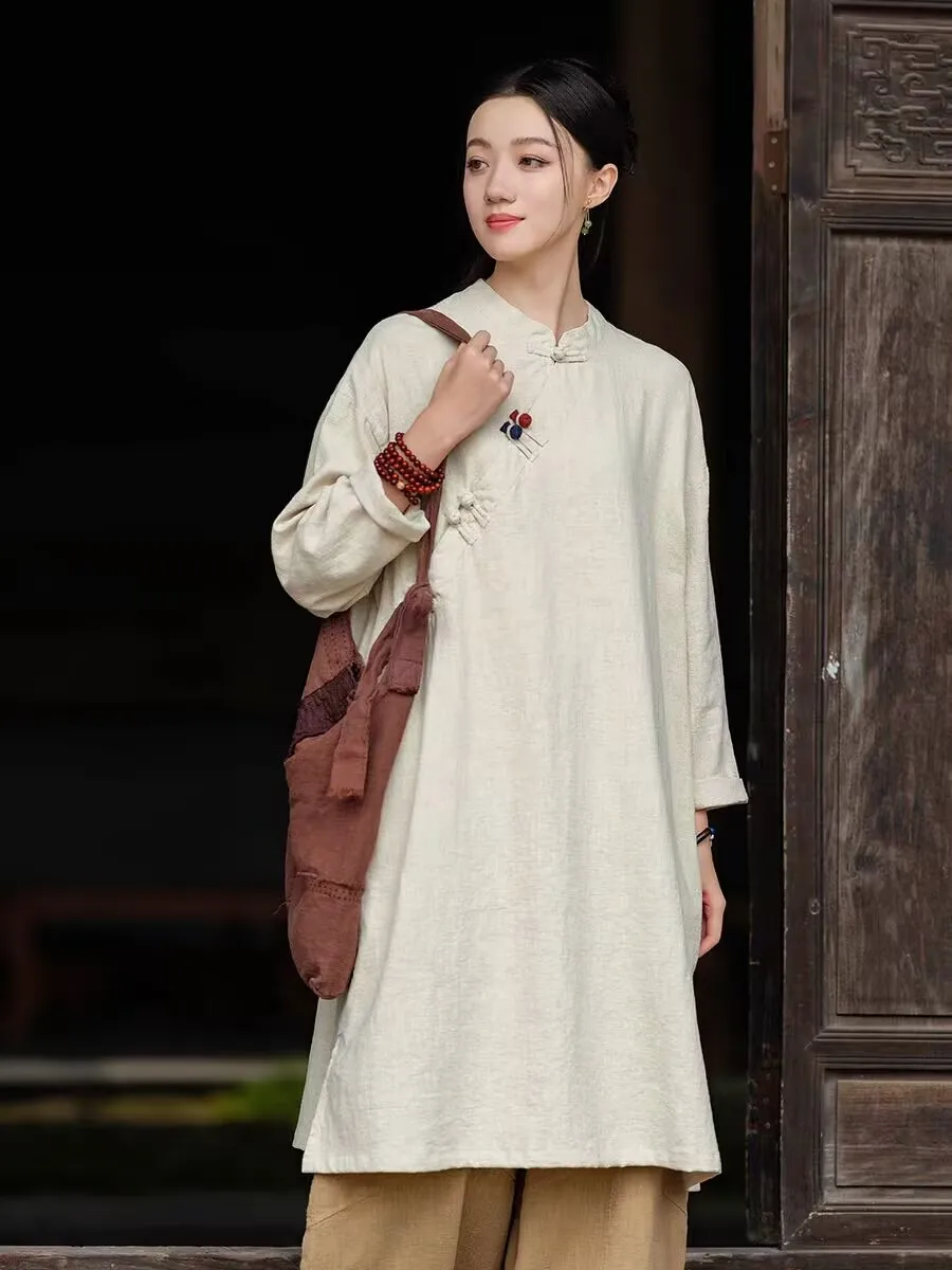 Camicetta lunga in cotone Ramie Dress 2025 Autunno Estate Nuova camicia a maniche lunghe Top Donna Abiti vintage in stile cinese N986