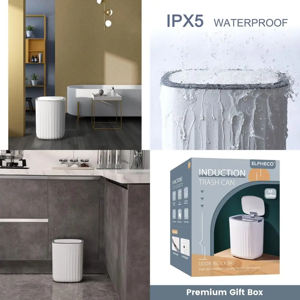 

3.5 Gal Automatic Motion Sensor Trash Can with Lid - Waterproof, Grey, for Bathroom, Living Room, and Office