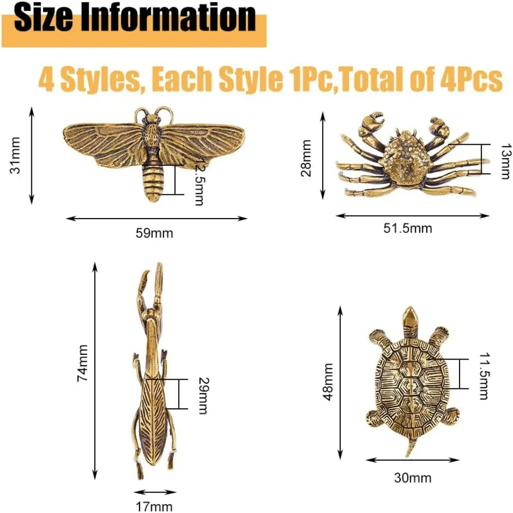 4Pcs Solid Metal Animal Statues Tortoise Crab Mantis Dragonfly Sculpture Vintage Goledn Display Figurines Garden Ornament