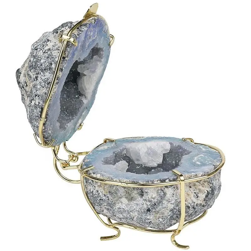 

Natural High Quality Raw Crystal Quartz Aura Agate Geode Gift Ring Box Stone Jewelry Box