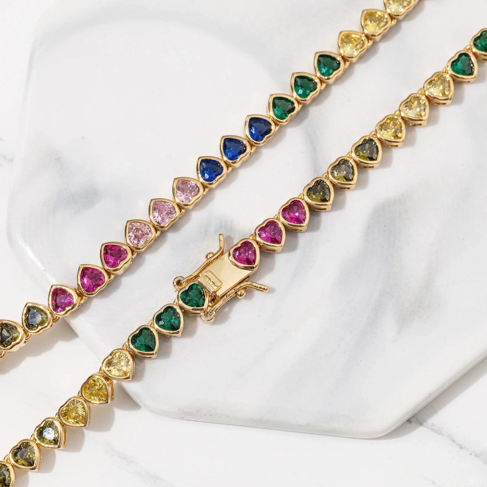 5mm Iced Out Rainbow Color Heart Tennis Chain Fashion Jewelry Necklace Brass 18K Gold Plated 3A CZ Shiny Necklace Women Chain
