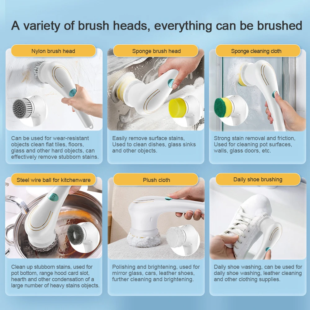 Handheld Eectric Cleaning Brush Cordless Spin Scrubbe With 5 Replaceable Brush Heads USB Rechargeable 360°Power Scrubbe