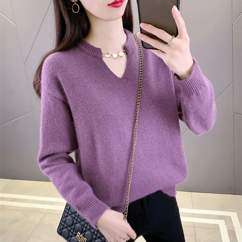 Women Sweater Long Sleeve Top Knitted Pullover V-Neck Fashion Sweater Woman Winter 2024 Basic Female Clothing Soild OL Sweaters