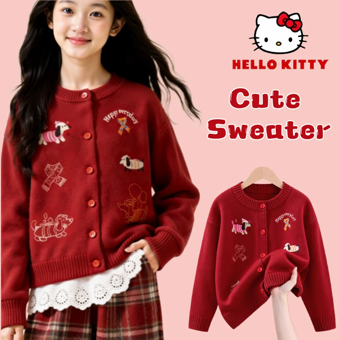 

Детская одежда Hello Kitty, утепленный свитер в новогоднем стиле, кардиган для девочек, зимний милый свитер с вышивкой и декором в виде щенка