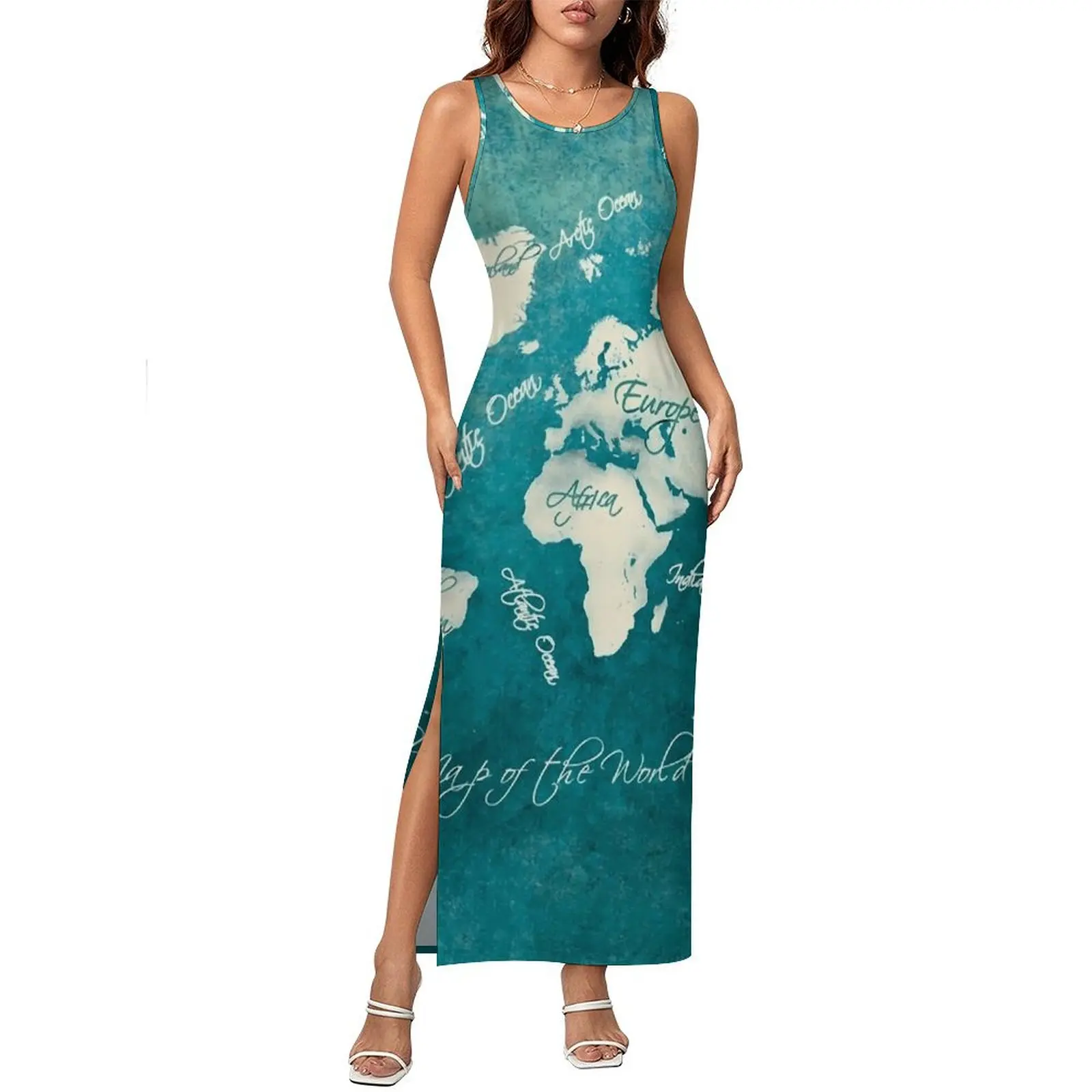 Mappa del mondo 2020 Abito aderente Mappa delle vacanze del mondo Kawaii Maxi abiti da donna Design senza maniche Y2K Abito alla moda di grandi dimensioni