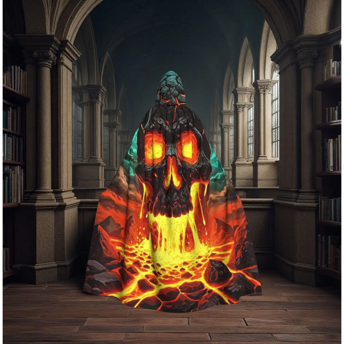 

Flame And Skull Long Hooded Cloak Witch Medieval Costume Cosplay Cape HalloweenCoat Adult Unisex