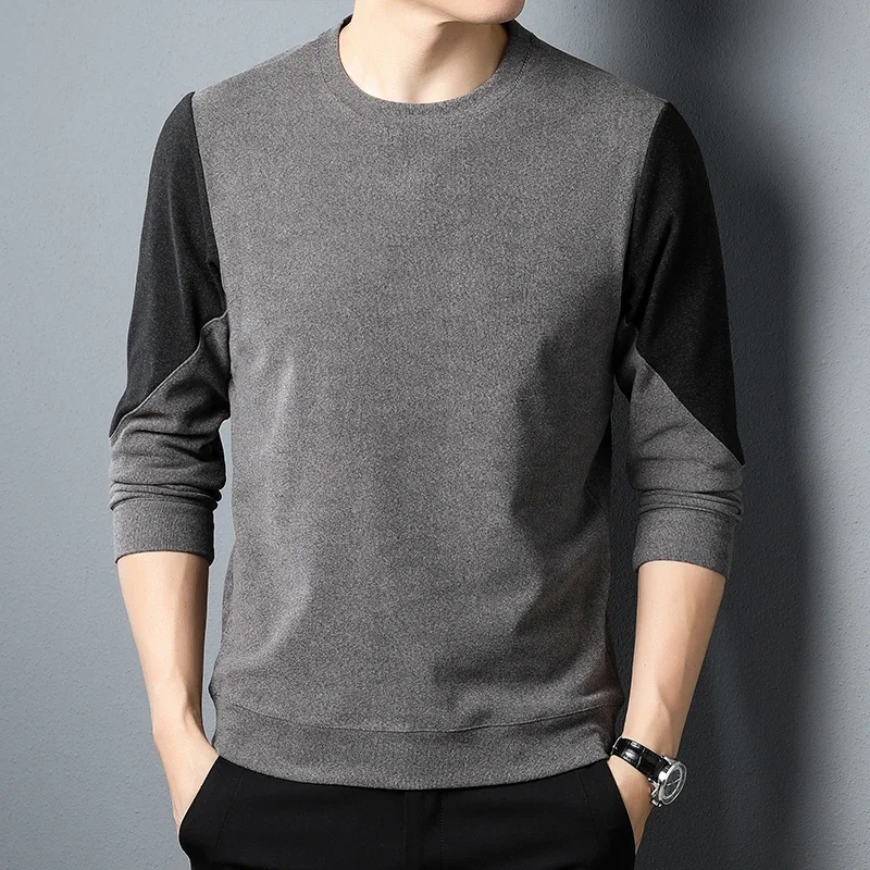 Men's Double-sided Velvet Round Neck T-shirt with Trendy Personality and Fashionable Color Blocking Long Sleeved Hoodie