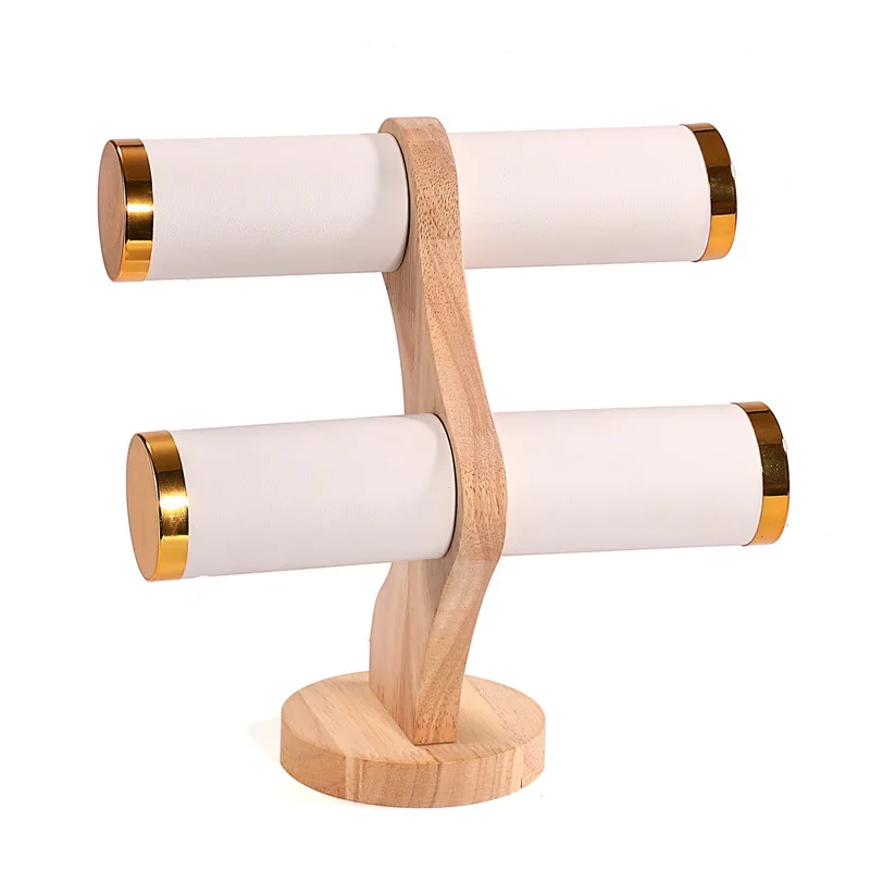 2-Tier Curved Wood Bracelet Holder Velvet & PU Leather Bangle Watch Display Stand Jewelry Store Counter Display Photography Prop view 3