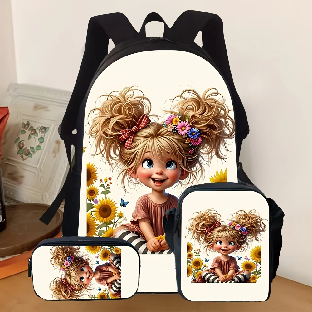 

3pcs [2D Flat] Girls School Backpack Set, Cute Cartoon Girl with Floral Hair & Sunflowers Print Bookbag + Pencil Case + Coin Pur