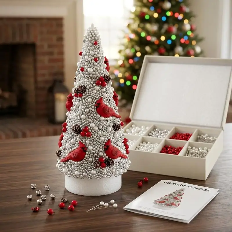 1 Set Handmade Beaded Christmas Tree DIY Kit Colorful Beads Star Topper Desktop Decor for Kids Craft Xmas Holiday Party