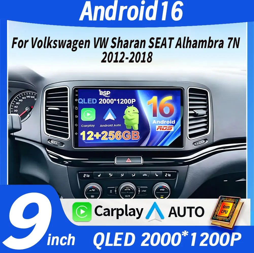 Android 16 Autoradio für Volkswagen VW Sharan SEAT Alhambra 7N 2010 - 2022 Android Auto Display Stereo GPS Navigation 2k 4G Wifi