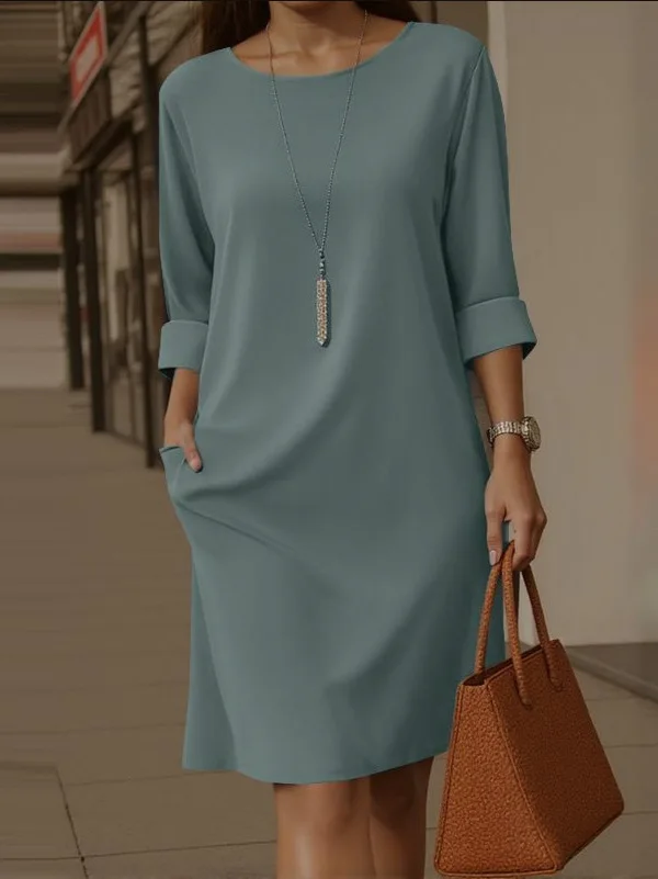 Stretch Knit Dresses for Women A Line Midi Half Sleeve Round Neck Splicing Casual Office Daily Work Outing Breathable Cotton