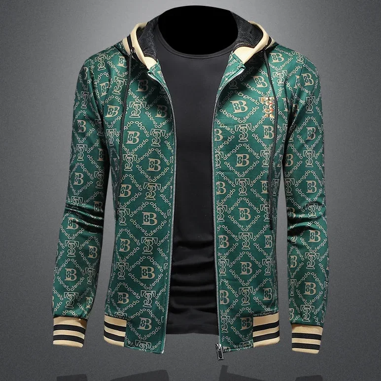 Men\'s jacket ins green trendy brand print slim fit hooded jacket