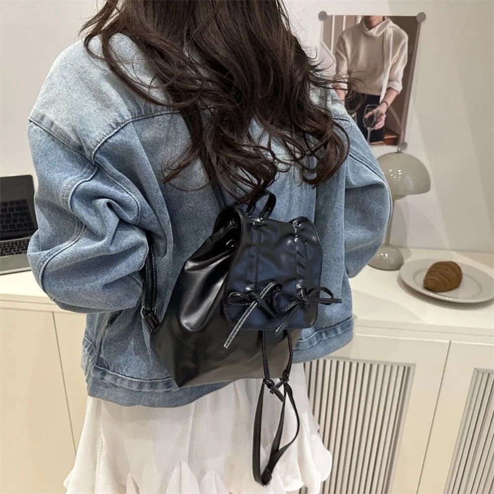 간단한 넥타이 보우 배낭 Y2k 솔리드 컬러 Pu 가죽 배낭 대용량 더블 어깨 가방 학생 학교 가방 학생