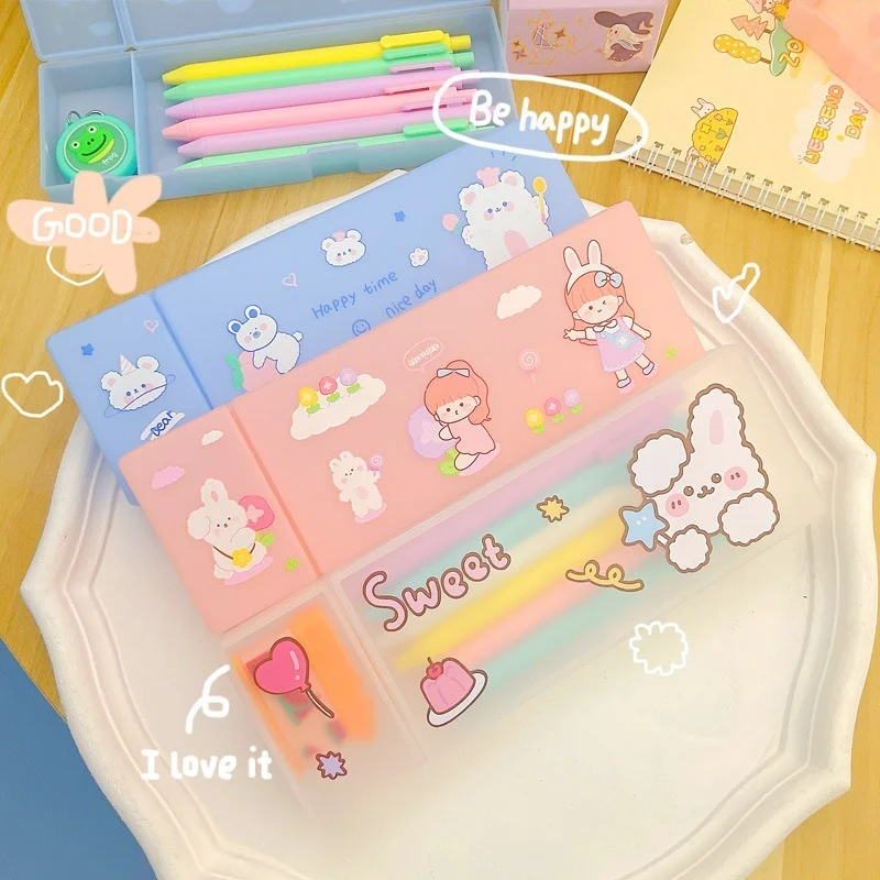 1PC Cute Simple Colorful Pencil Case Frosted Plastic Cartoon Pencil Pens Storage Diving Box Student Stationery Office Supplies