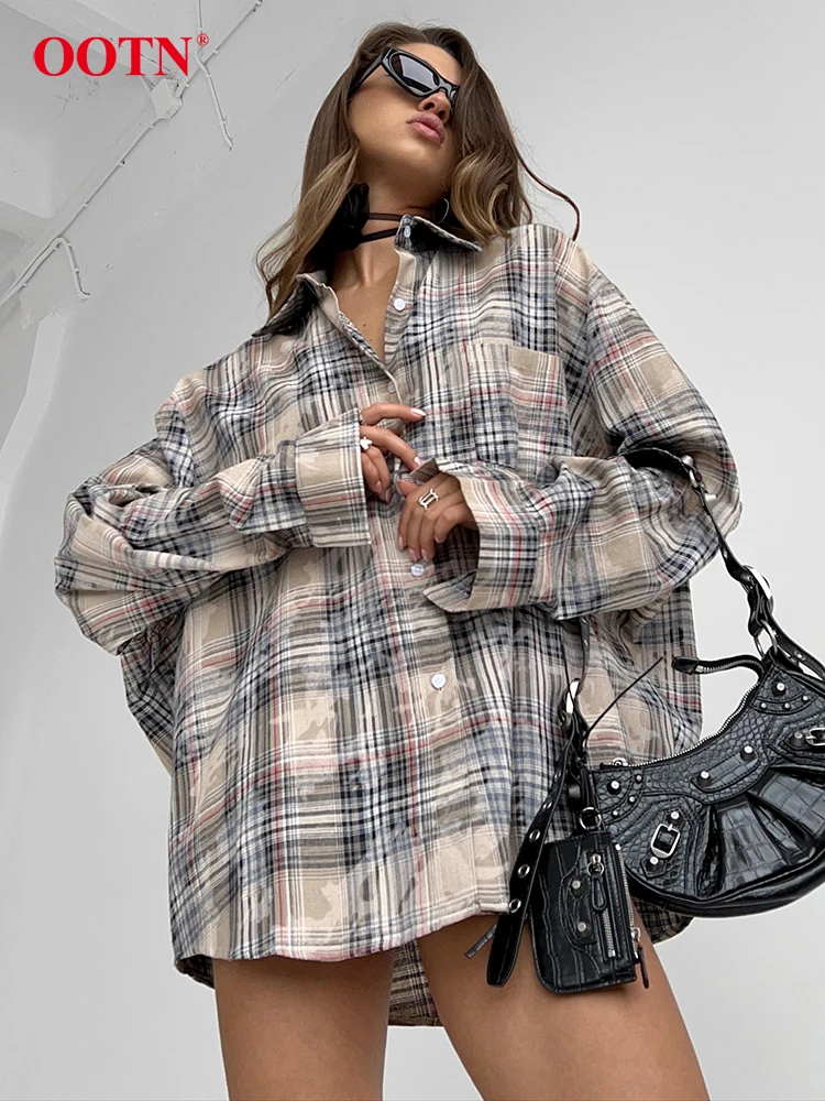 OOTN Vintage Check Long Sleeve Shirts Spring Streetwear Loose Turn Down Collar Blouse Women 2024 Casual Single Breasted Tops