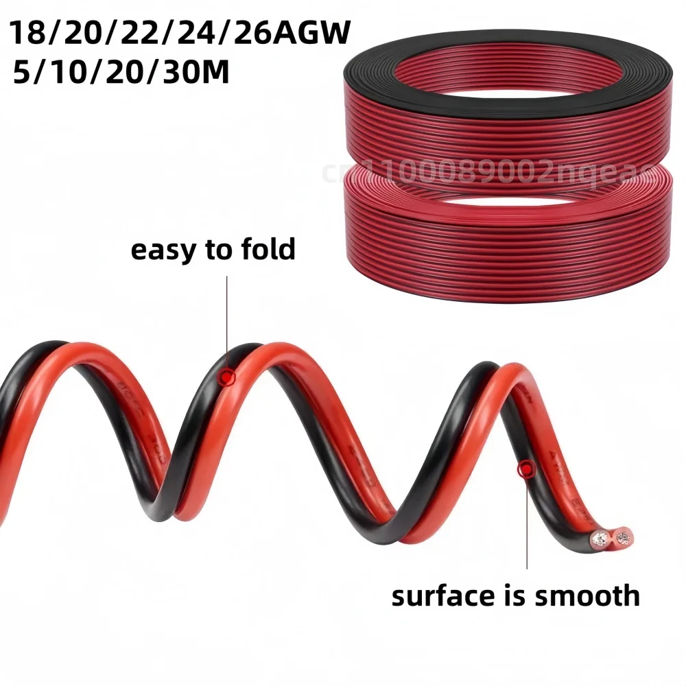 Cable eléctrico de 2 pines de cobre estañado, Cable de tira LED de extensión de PVC aislado de 18/20/22/24/26 AWG, Cable rojo y negro