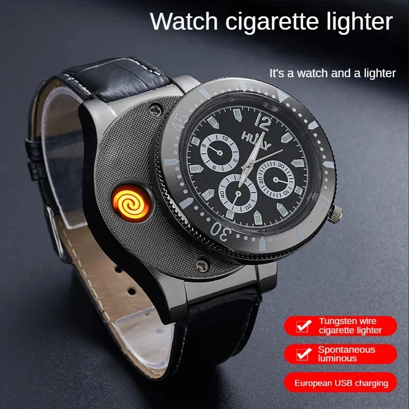 New Retro Men's Watch Tungsten Wire Lighter Creative USB Charging Reminder Light Windproof Electronic Cigarette Igniter