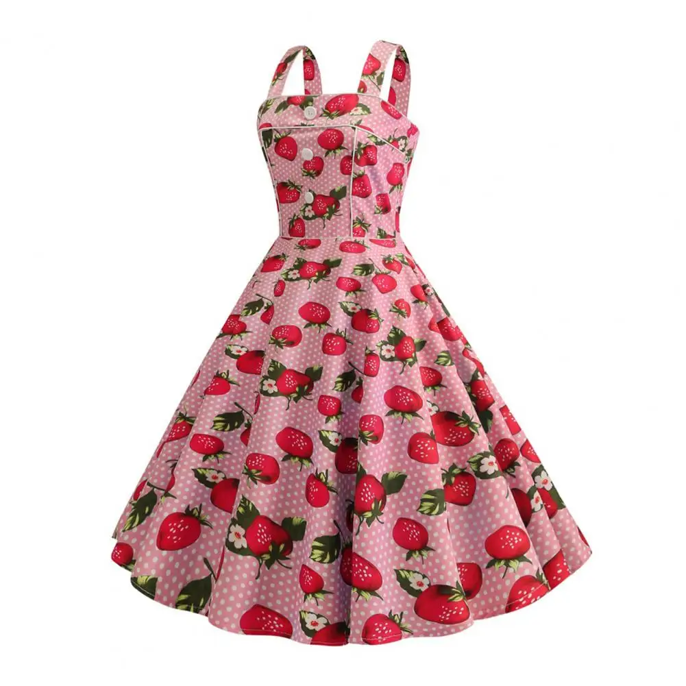 

A-line Evening Dress Strawberry Print A-line Prom Dress with Vintage Button Decor Backless Design Elegant Cocktail for Women