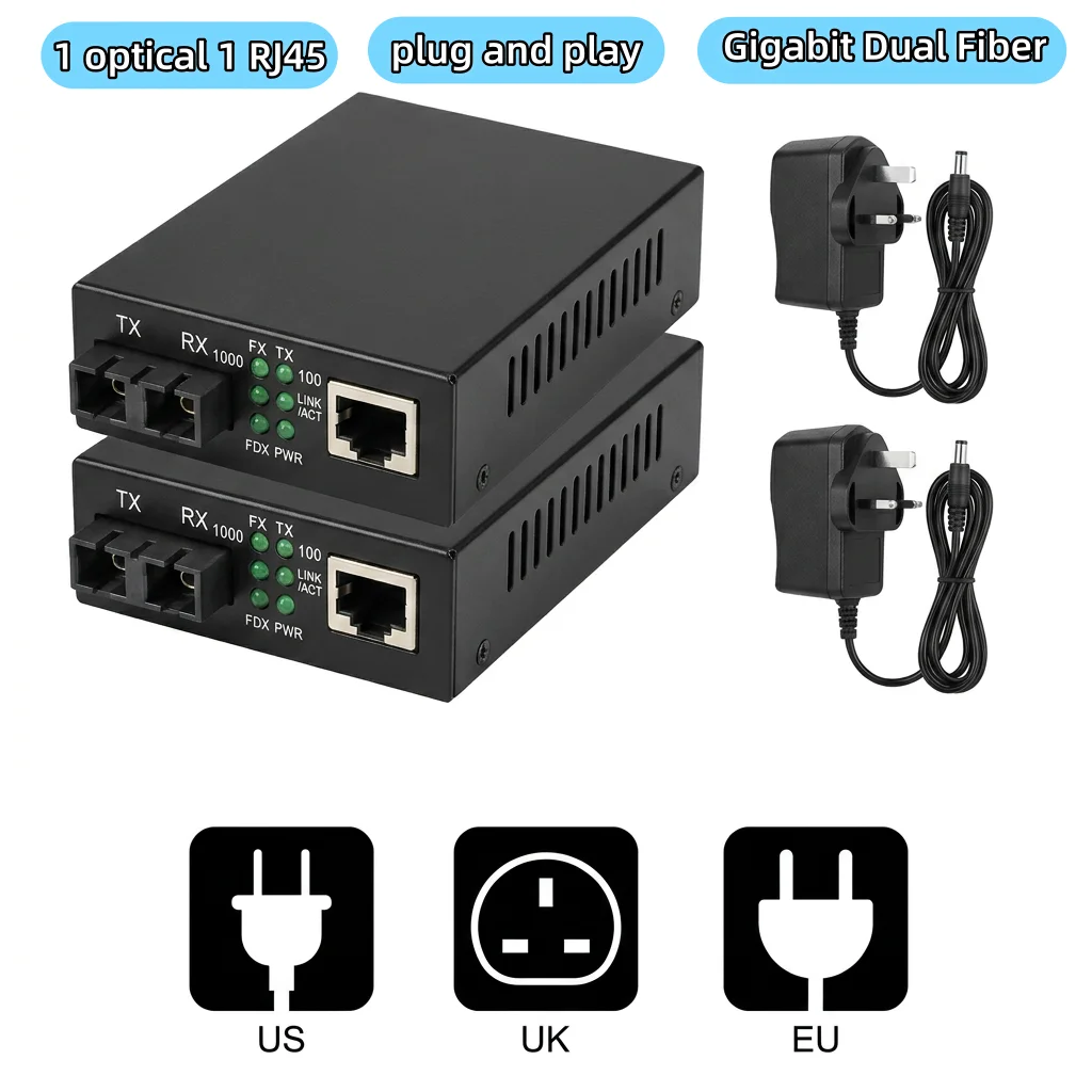 1 Pair Gigabit Fiber Media Converter Dual Fiber SC Single Mode 20km Ethernet RJ45 Optical Transceiver 1000Mbps Duplex Kit