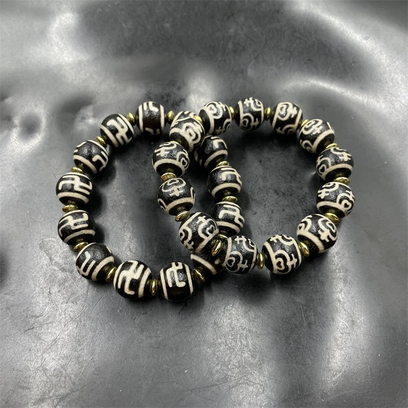 

Tibetan-style vintage aged Dzi bead 14mm old agate treasure vase bracelet