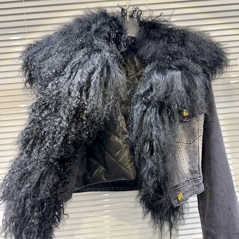 2025 invierno nuevo gran pelo de cordero líder lavado algodón interior vaquero chaqueta abrigo corto moda temperamento Chaqueta corta