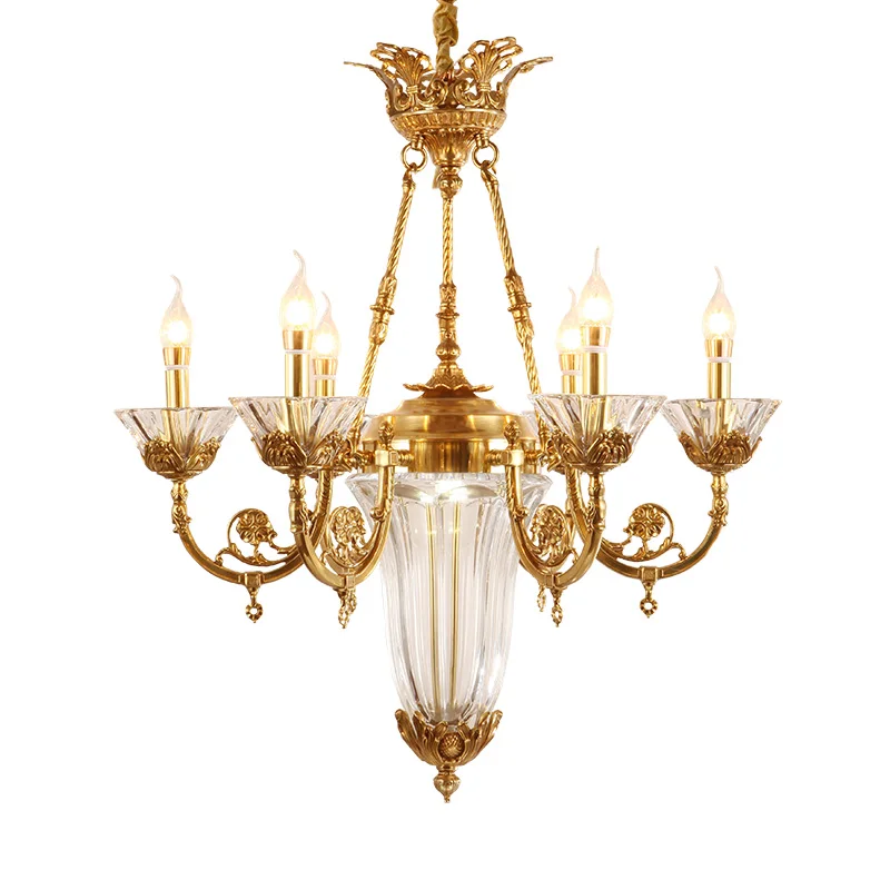 

French Retro Crystal Brass Chandelier Bedroom Dining Room Entrance Hall Lighting European Copper Candle Pendant Lamps