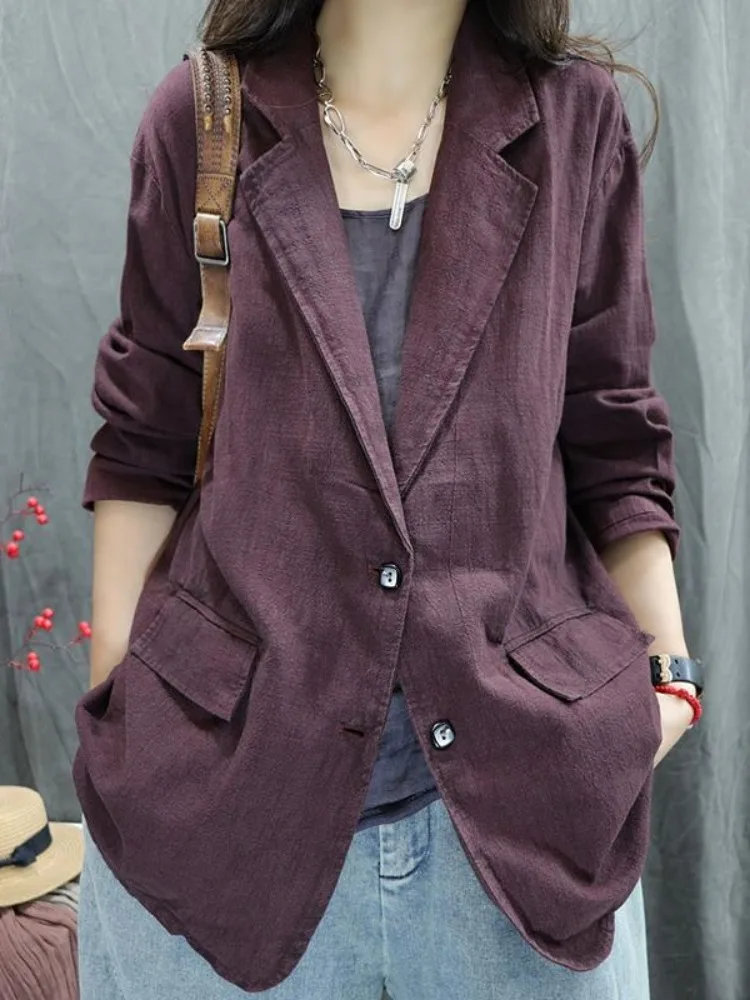 Retro Weathered Linen Suit Jacket Women's Autumn Commute Casual Long Sleeve Westwear Linen Top Loose Fit Button Detail