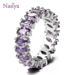 Luxury Purple Amethyst Round Silver Color Rings For Women Anniversary Engagement Fashion Ring Girl's Daily Party Gifts