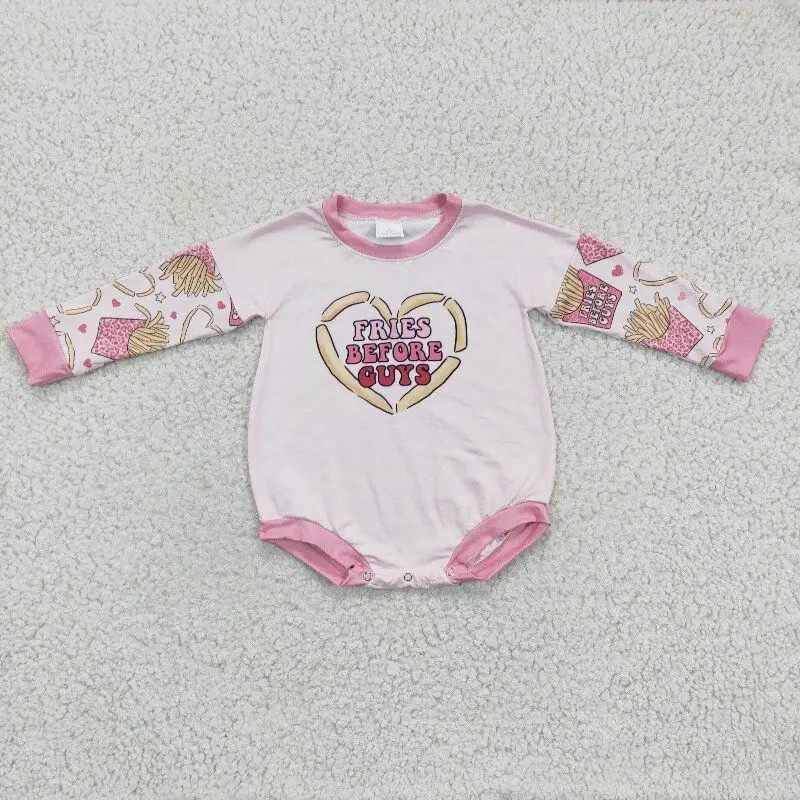 Wholesale no moq RTS fries print valentine's infants clothing baby girls pink rompers newborn oversize rompers